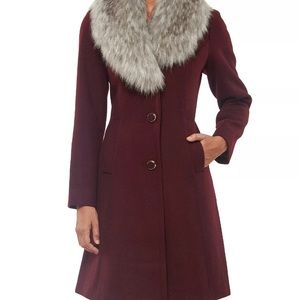 NWOT KATE SPADE NEW YORK size XS burgundy wool peacoat with faux fur collar